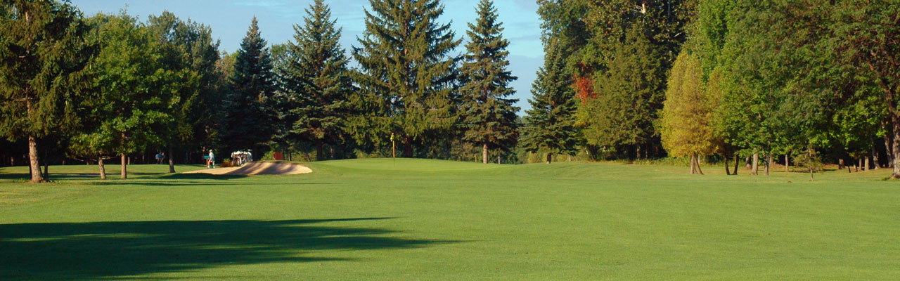 A Kanon Valley fairway at Oneida, NY — green with flag framed by tall pines